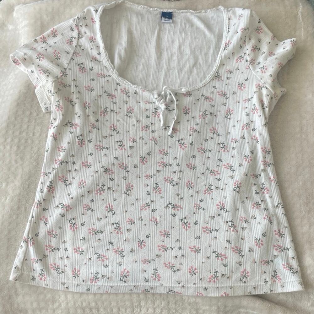 Pink Floral Lace Y2K Cotton Short Sleeve Scoop Neck Blouse Size M